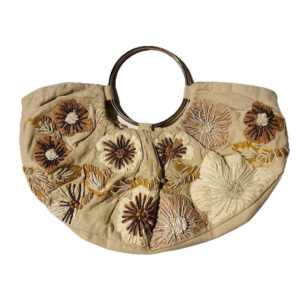 Anthropologie “Sunburst Meadow” Beaded Raffia Large Satchel Double Ring Handle
